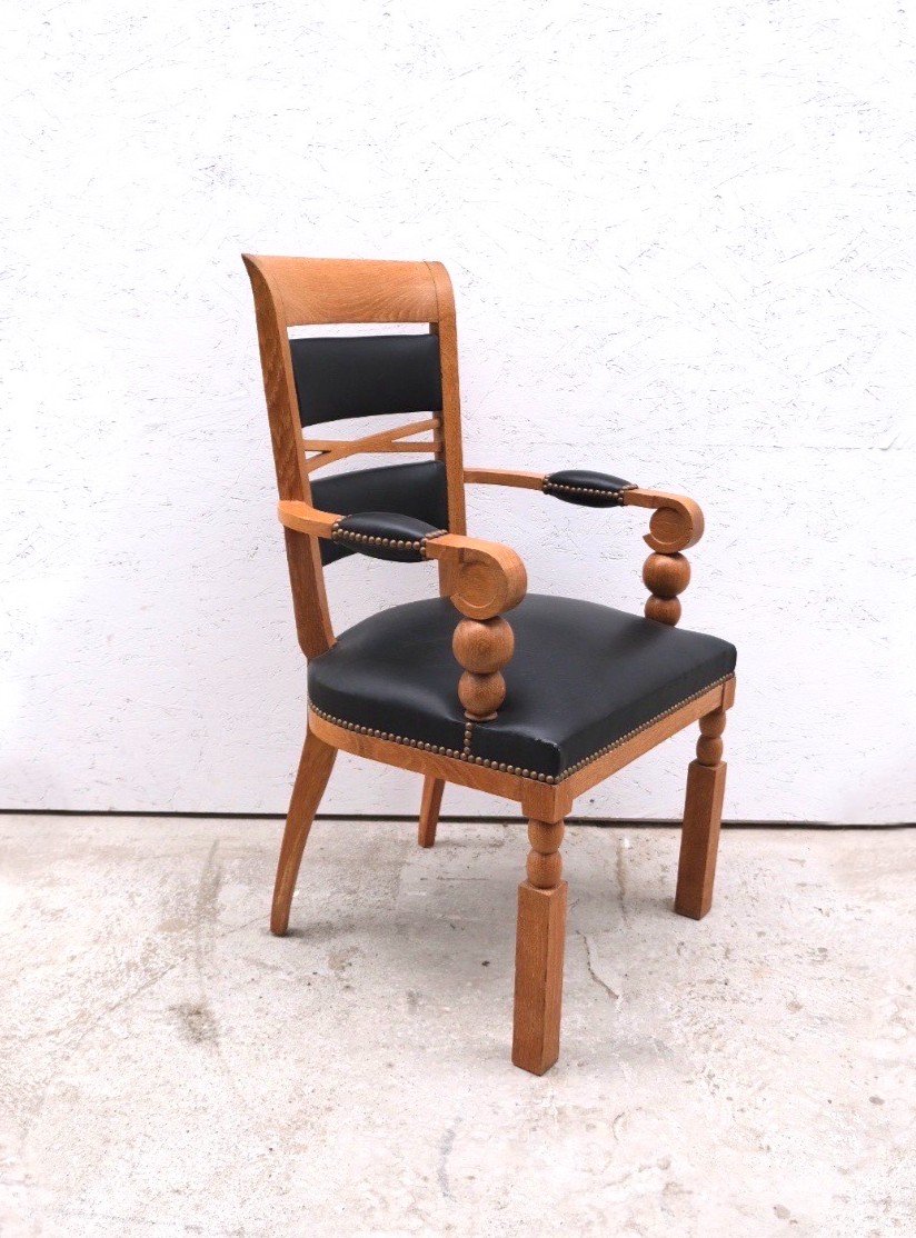 Neo Basque Style Armchair By Benjamin Gomez In Solid Oak And Leather, 1940  