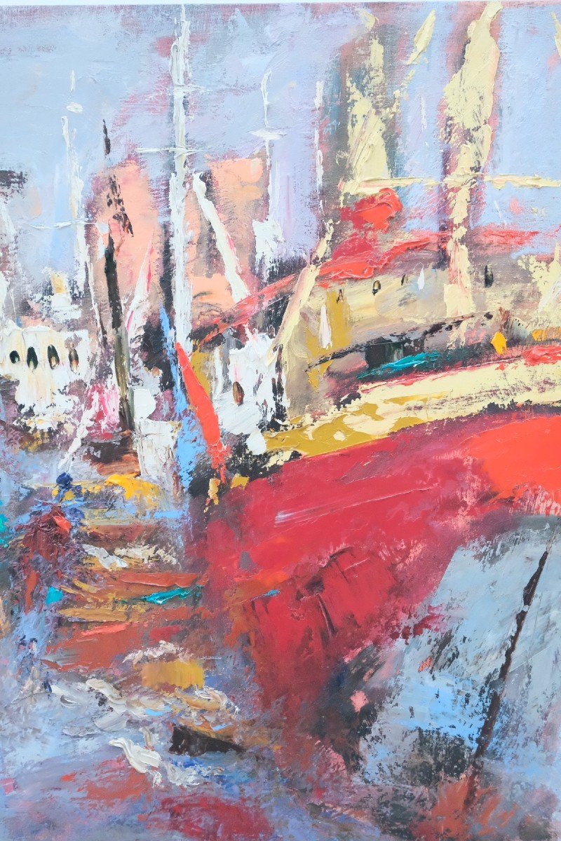 Painting On Canvas "trawlers" Port Of Galicia By Michel Calvet  -photo-4