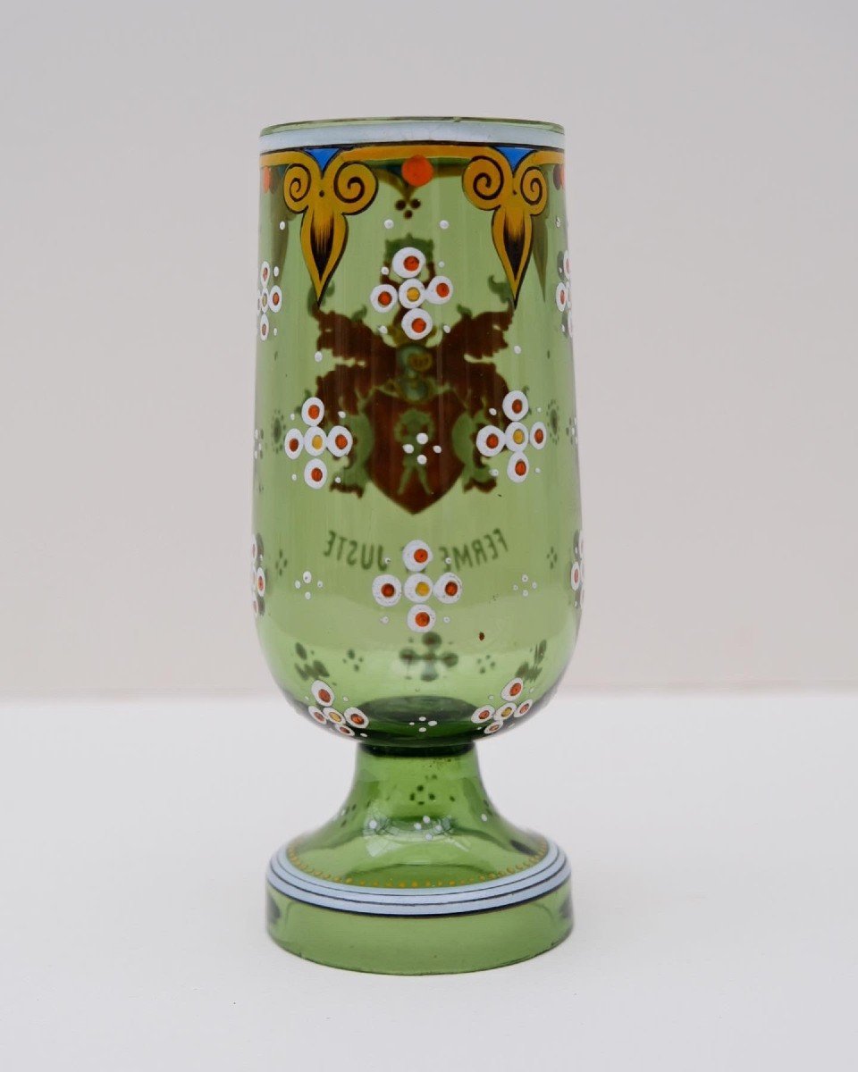 Verre « Ferme Et Juste » En Verre De Bohême émaillé Vert, 19 ème  -photo-2