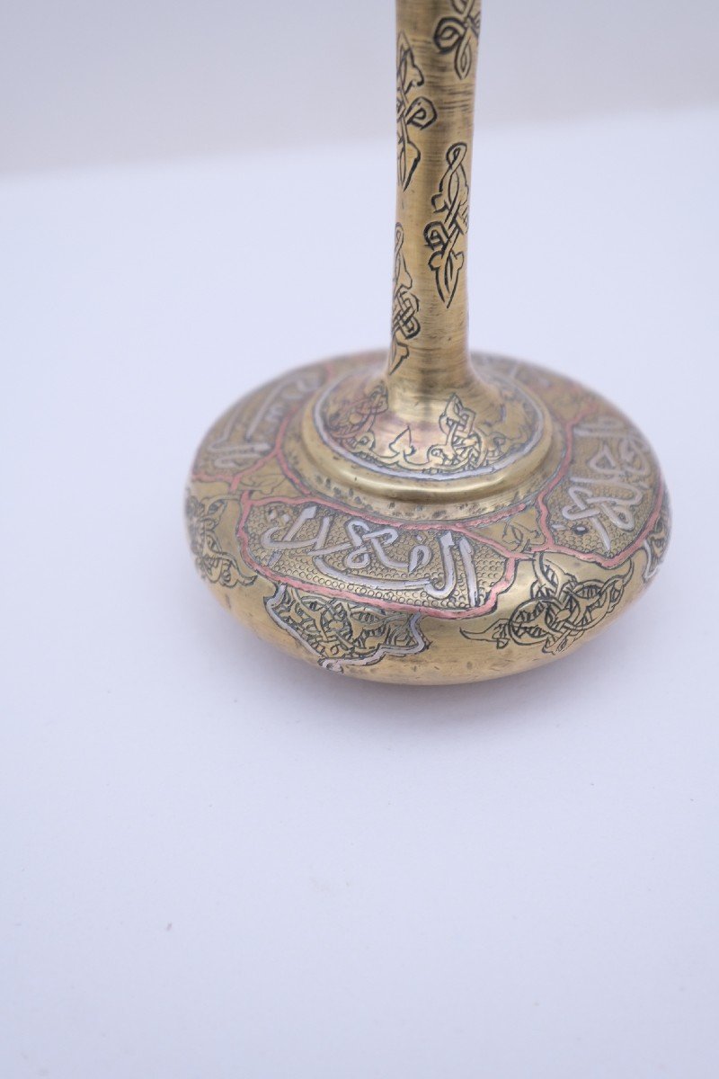 Soliflore Vase In Brass, Copper And Silver With Calligraphy Decoration, Iran, Kadjar Period-photo-2