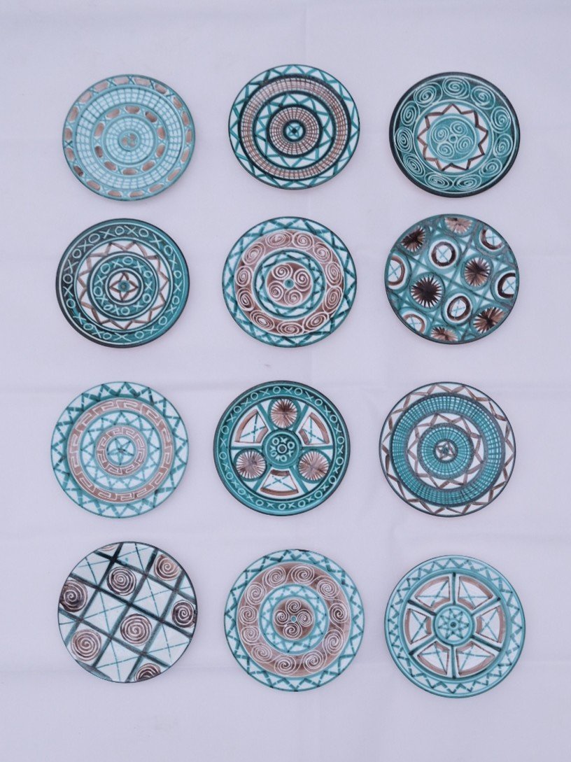 Robert Picault Ceramic Plate Set Of 12, Vallauris, France, 1960s  