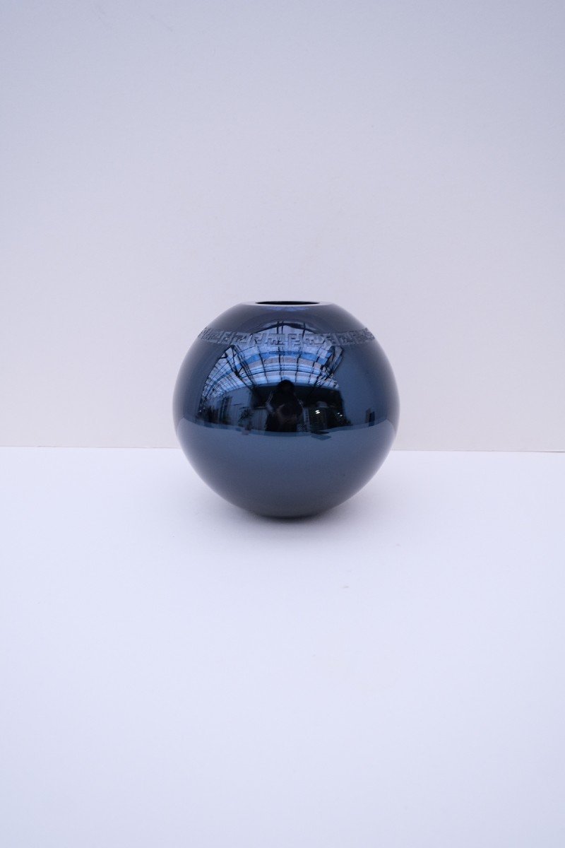 Vase Murano De Fendi En Verre Soufflé Bleu Foncé Effet Miroir, Italie 1990  -photo-2