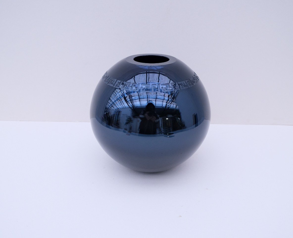 Vase Murano De Fendi En Verre Soufflé Bleu Foncé Effet Miroir, Italie 1990  