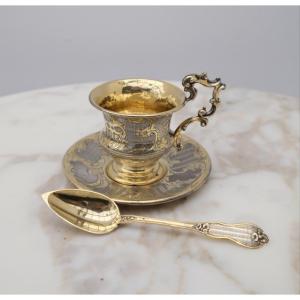 Tasse à Café Guilloché Et Gravé En Argent Massif, époque Louis Philippe 