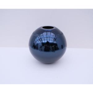 Vase Murano De Fendi En Verre Soufflé Bleu Foncé Effet Miroir, Italie 1990  