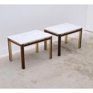 Pair Of Bendixen Marble, Rosewood And Gilt Aluminum Side Tables, Denmark 1970s  