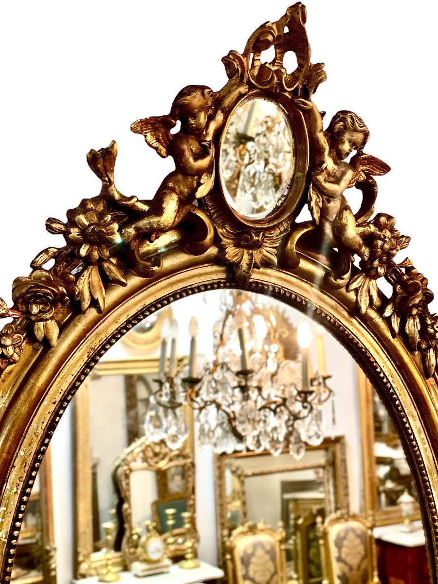 Antique Miroir Ovale en Bois Doré à Décor de Chérubins-photo-1