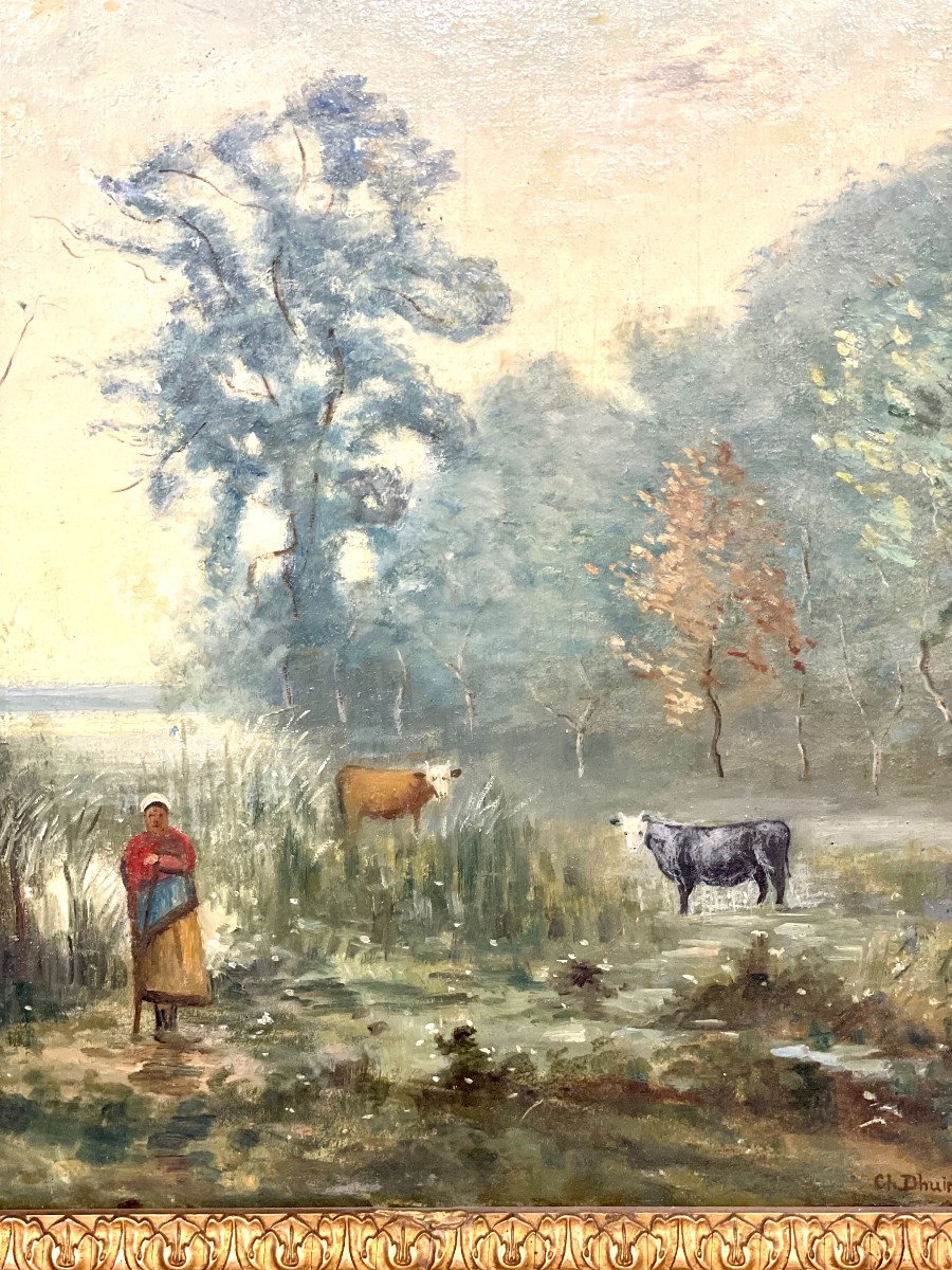 Large Oil On Panel 'the Cowherder By The Pond', By Charles Dhuin-photo-2