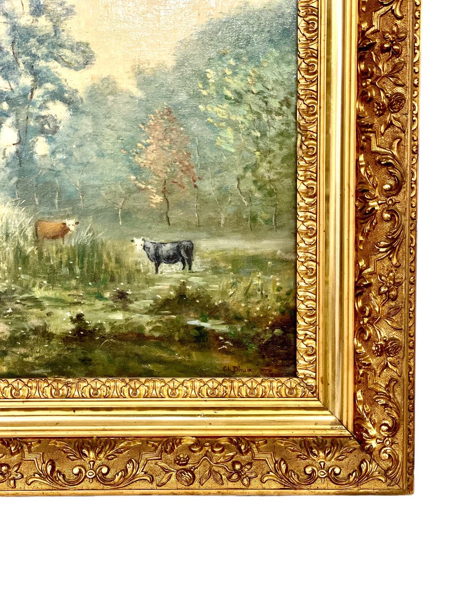 Large Oil On Panel 'the Cowherder By The Pond', By Charles Dhuin-photo-3