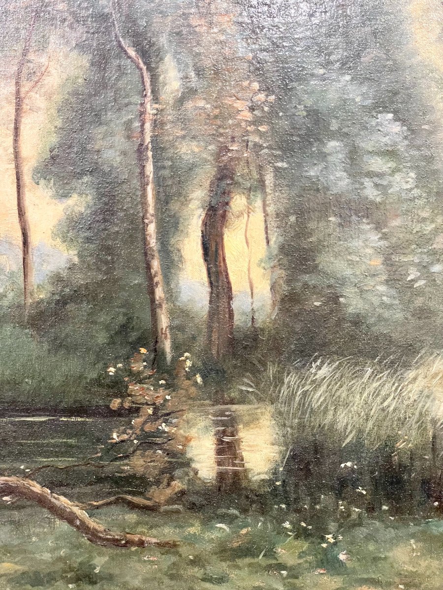 Large Oil On Panel 'the Cowherder By The Pond', By Charles Dhuin-photo-4