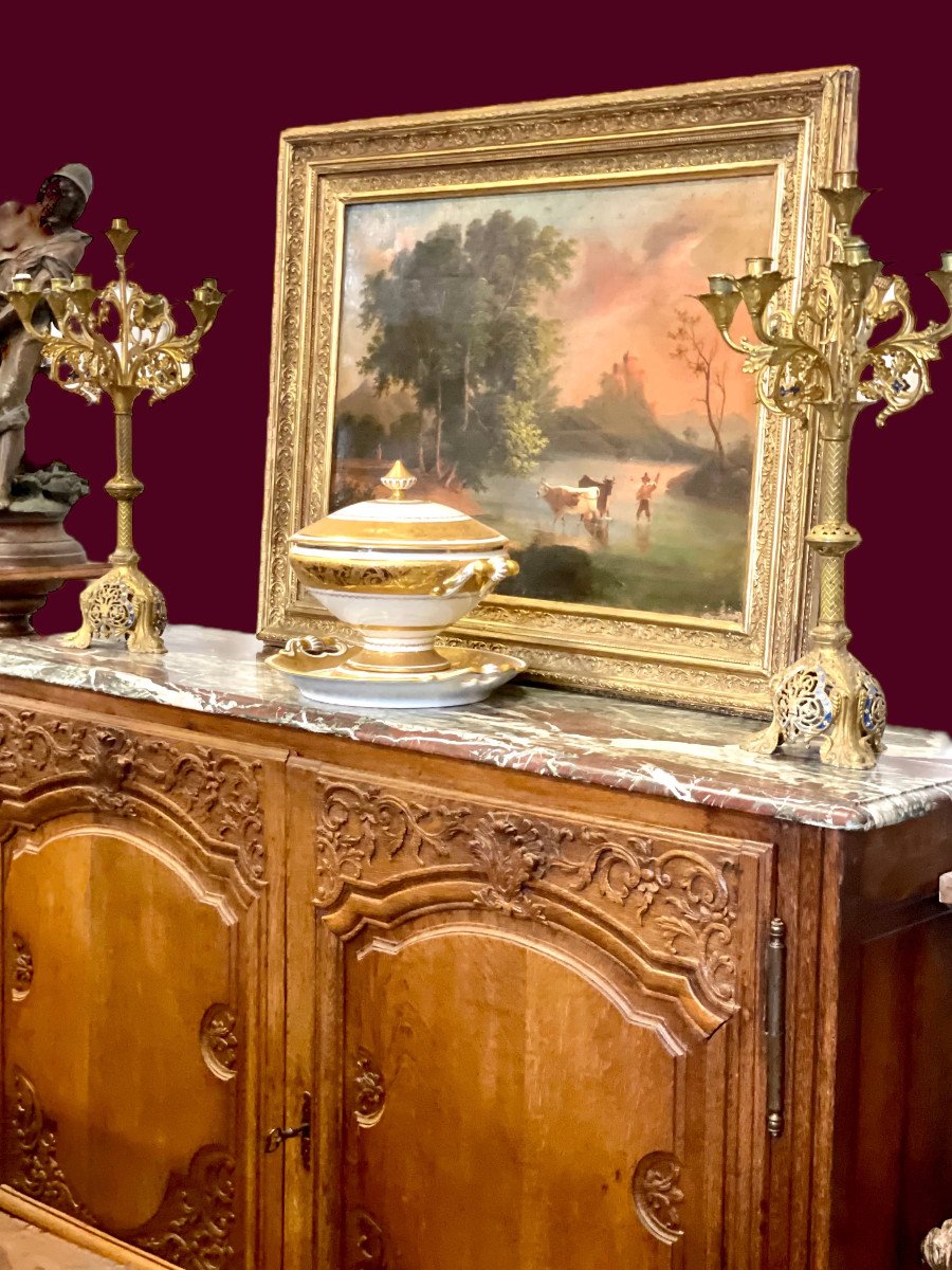 Buffet de Chasse du 18ème Siècle en Chêne Sculpté et Plateau de Marbre Veiné Rouge-photo-4