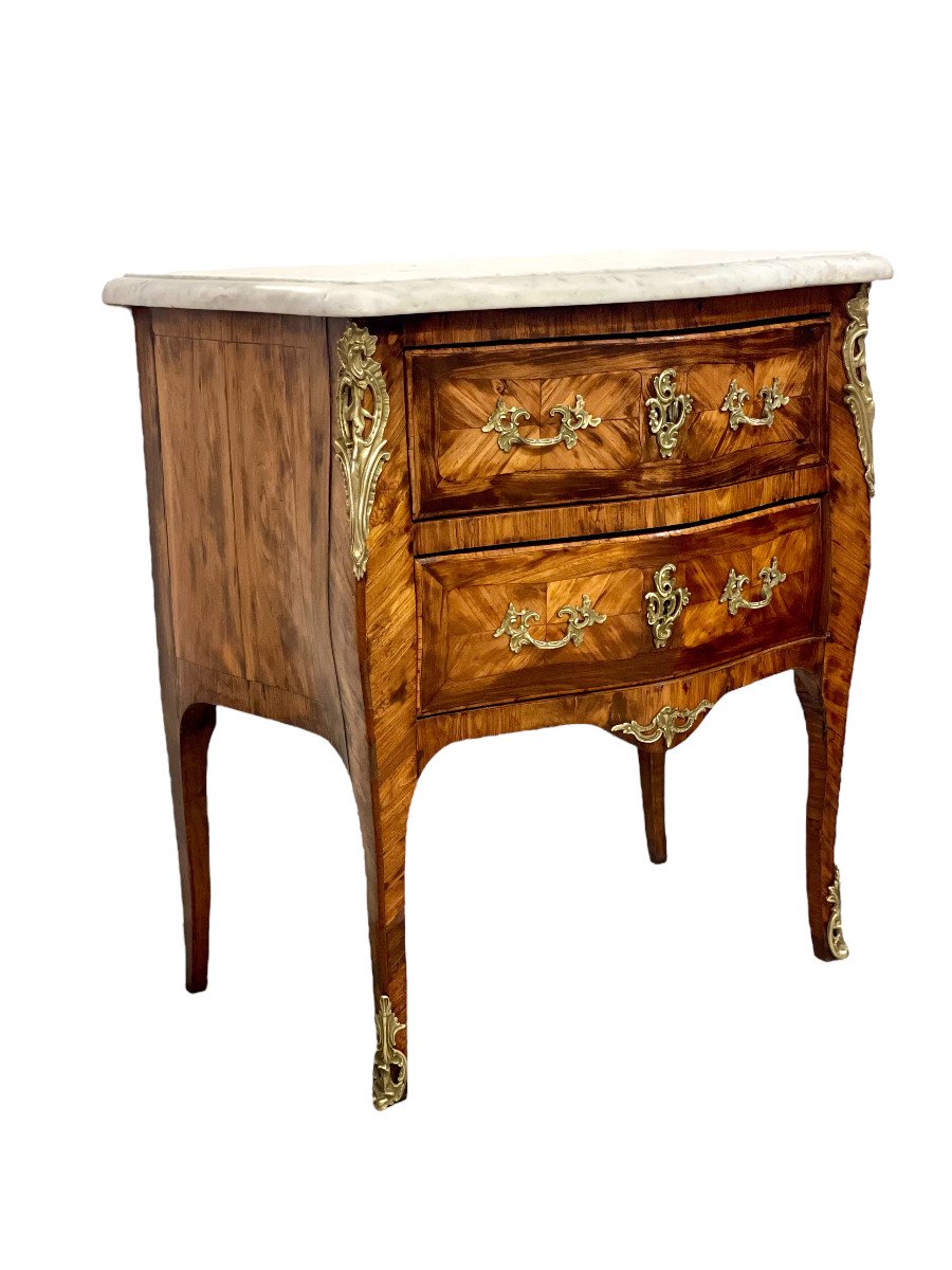 Petite Commode Louis XV en Marqueterie et Plateau Marbre-photo-4