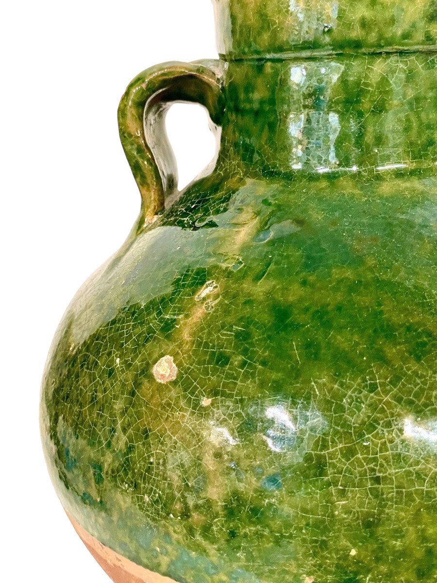 Emerald Green Half-glazed Terracotta Olive Oil Pot With Two Handles-photo-3