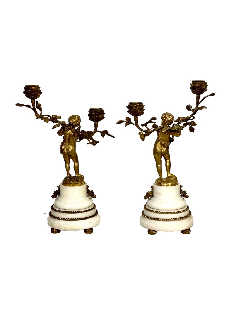 Pair Of 19th Century Gilt Bronze Candelabra With Cherubs-photo-6