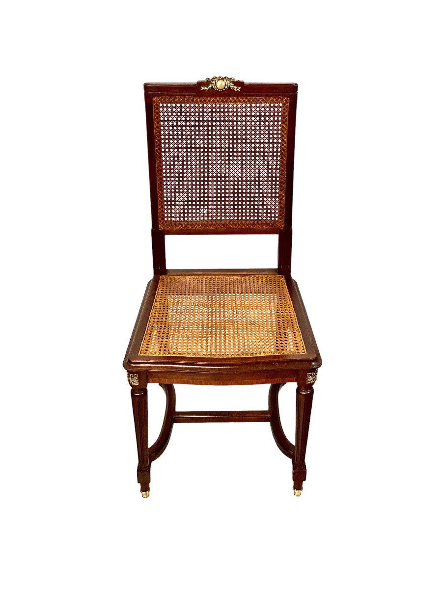 19th Century Pair Of Louis XVI Style French Mahogany And Caned Side Chairs-photo-2