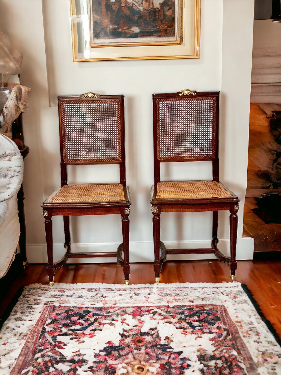 19th Century Pair Of Louis XVI Style French Mahogany And Caned Side Chairs-photo-5
