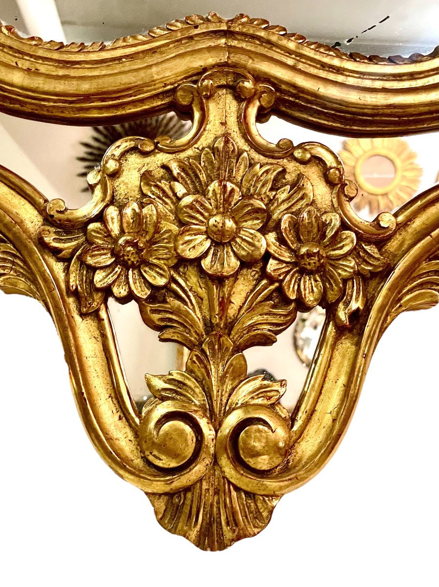 French Large Rococo Style Gilt Wall Mirror With Parecloses-photo-3