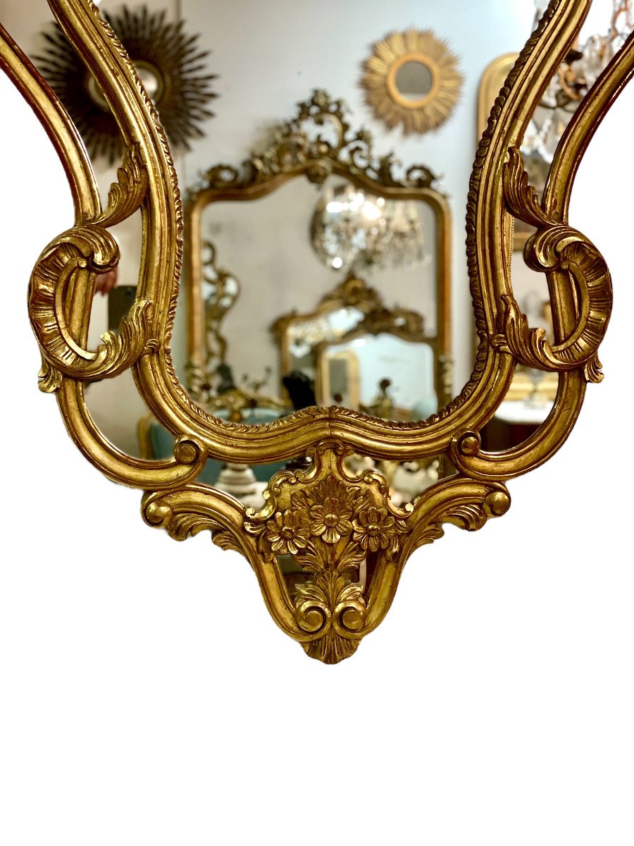 French Large Rococo Style Gilt Wall Mirror With Parecloses-photo-3