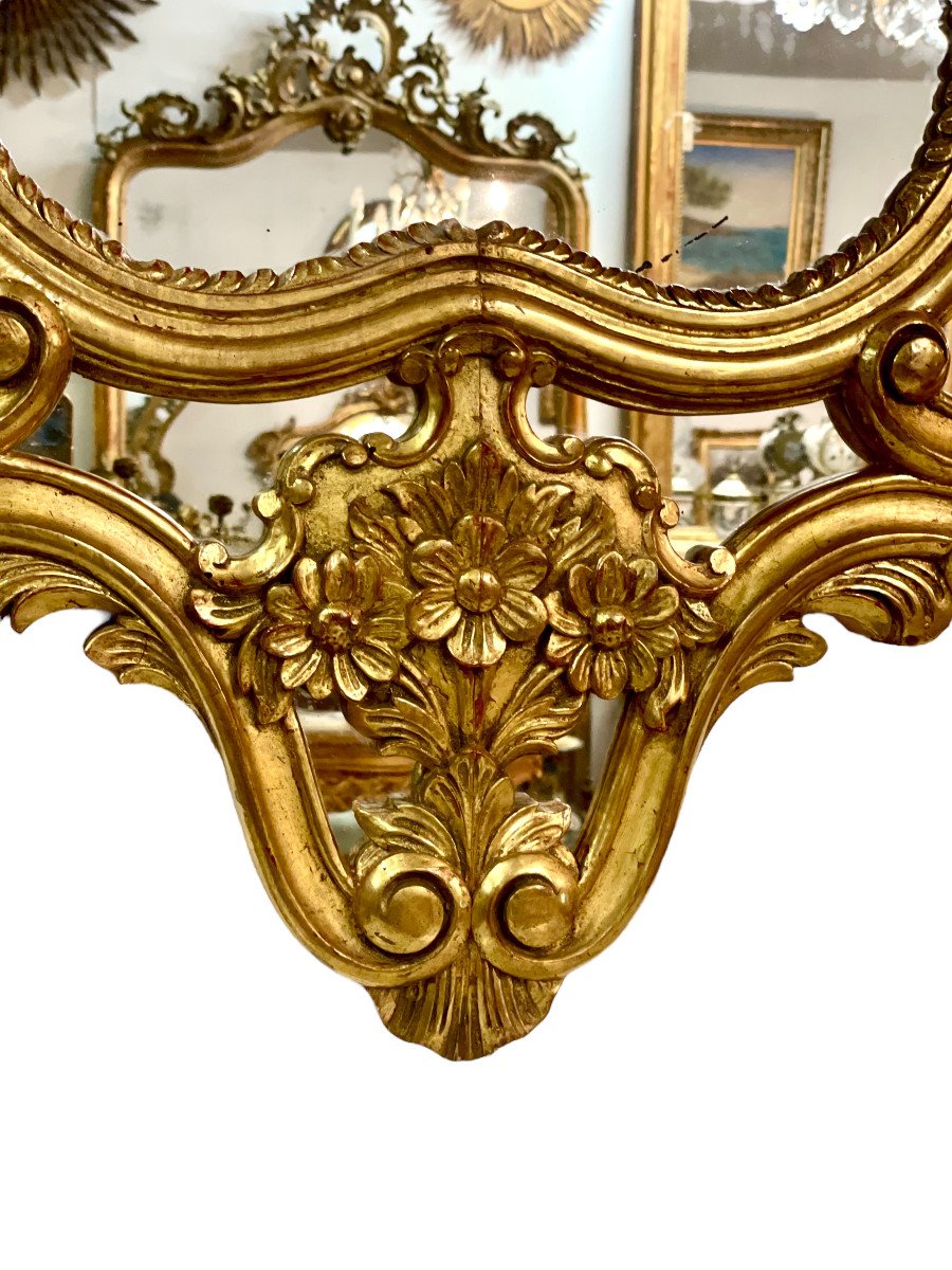 French Large Rococo Style Gilt Wall Mirror With Parecloses-photo-4