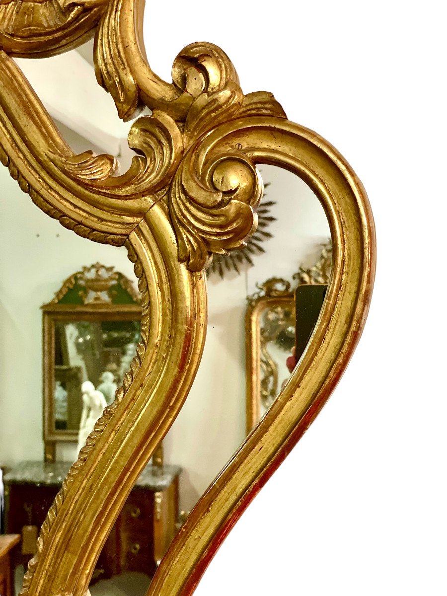 French Large Rococo Style Gilt Wall Mirror With Parecloses-photo-5