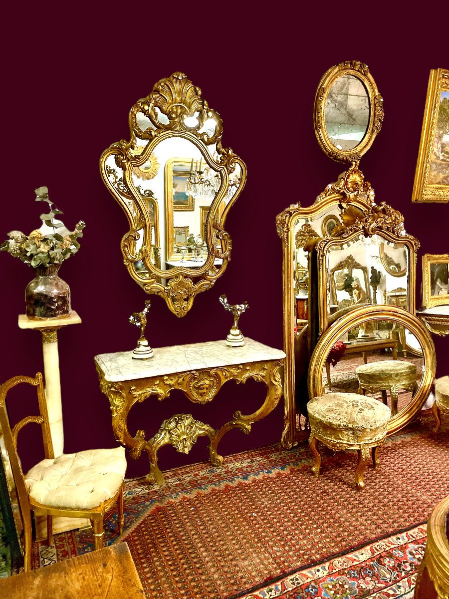 French Large Rococo Style Gilt Wall Mirror With Parecloses-photo-8