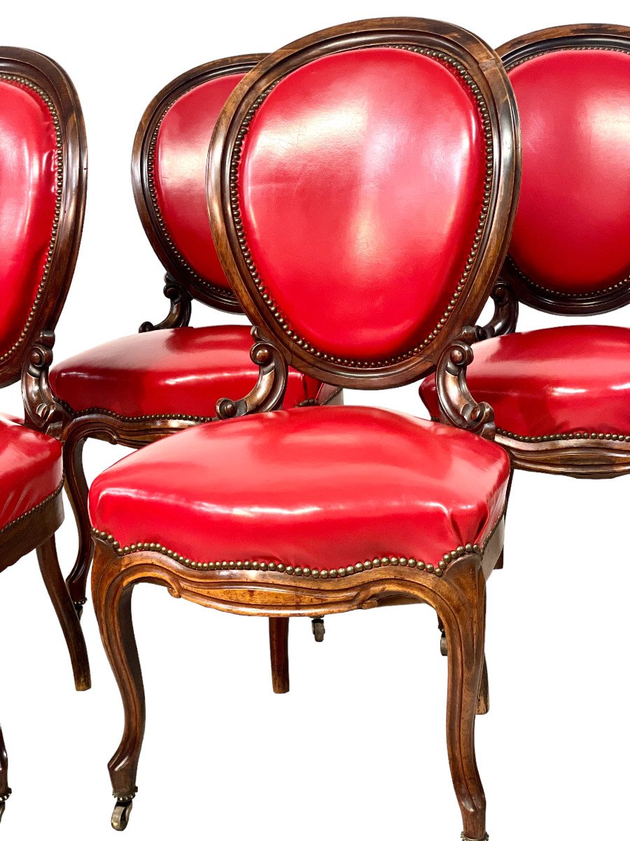 19th Century French Set Of Four Rosewood And Red Leather Dining Chairs-photo-3