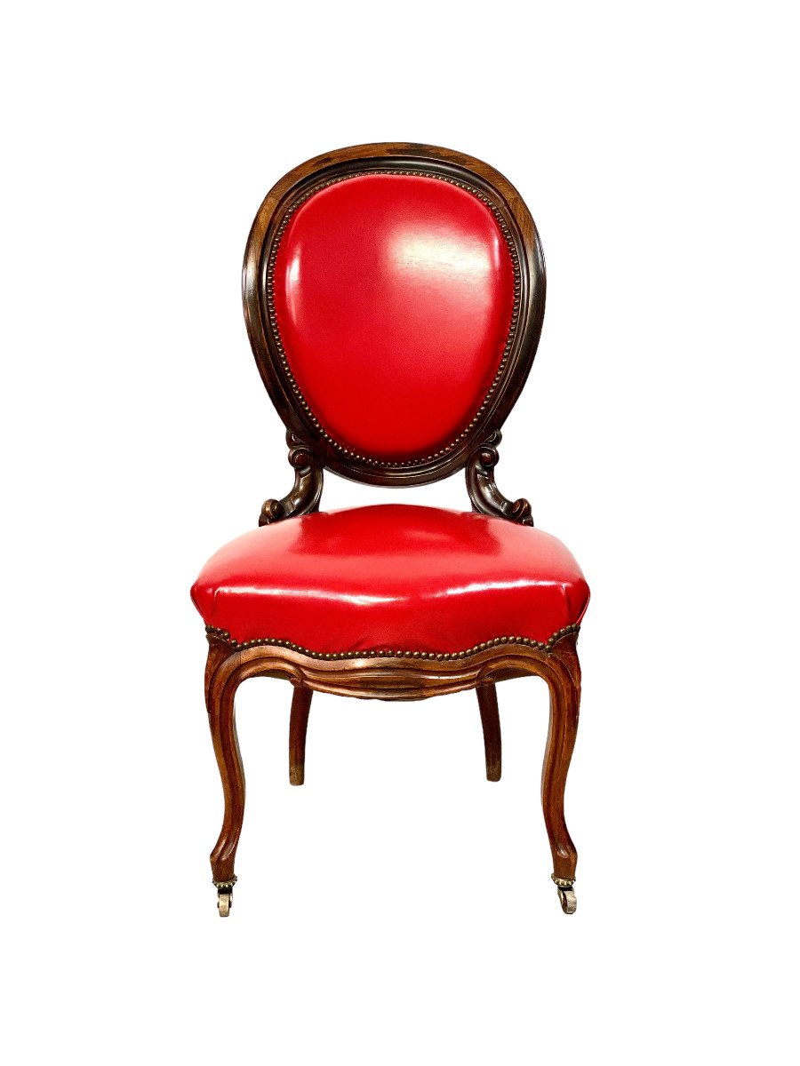 19th Century French Set Of Four Rosewood And Red Leather Dining Chairs-photo-2