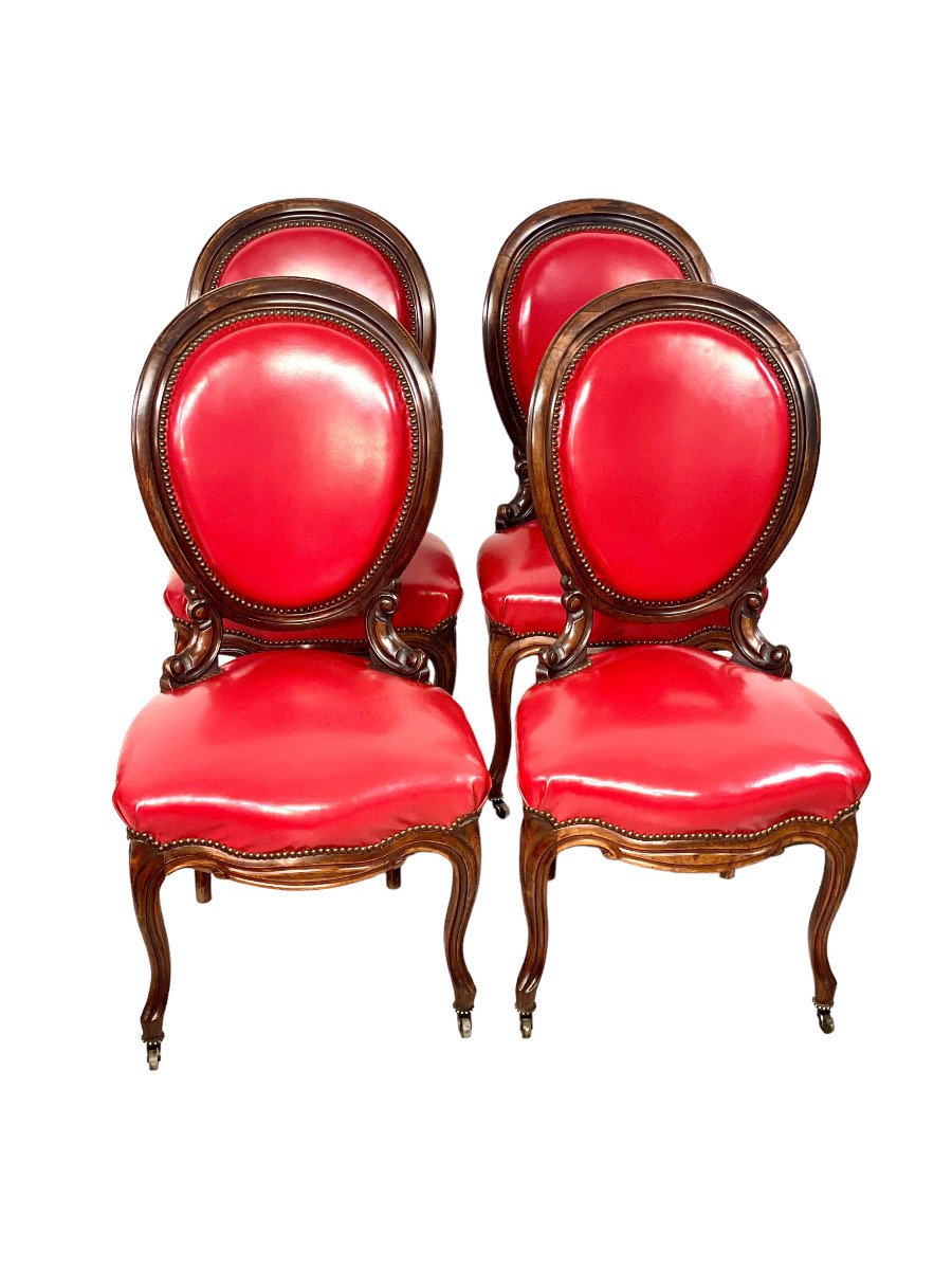 19th Century French Set Of Four Rosewood And Red Leather Dining Chairs