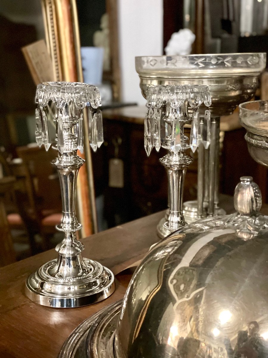 Louis XVI Style Pair Of Silver Plated And Crystal Candle Holders -photo-4