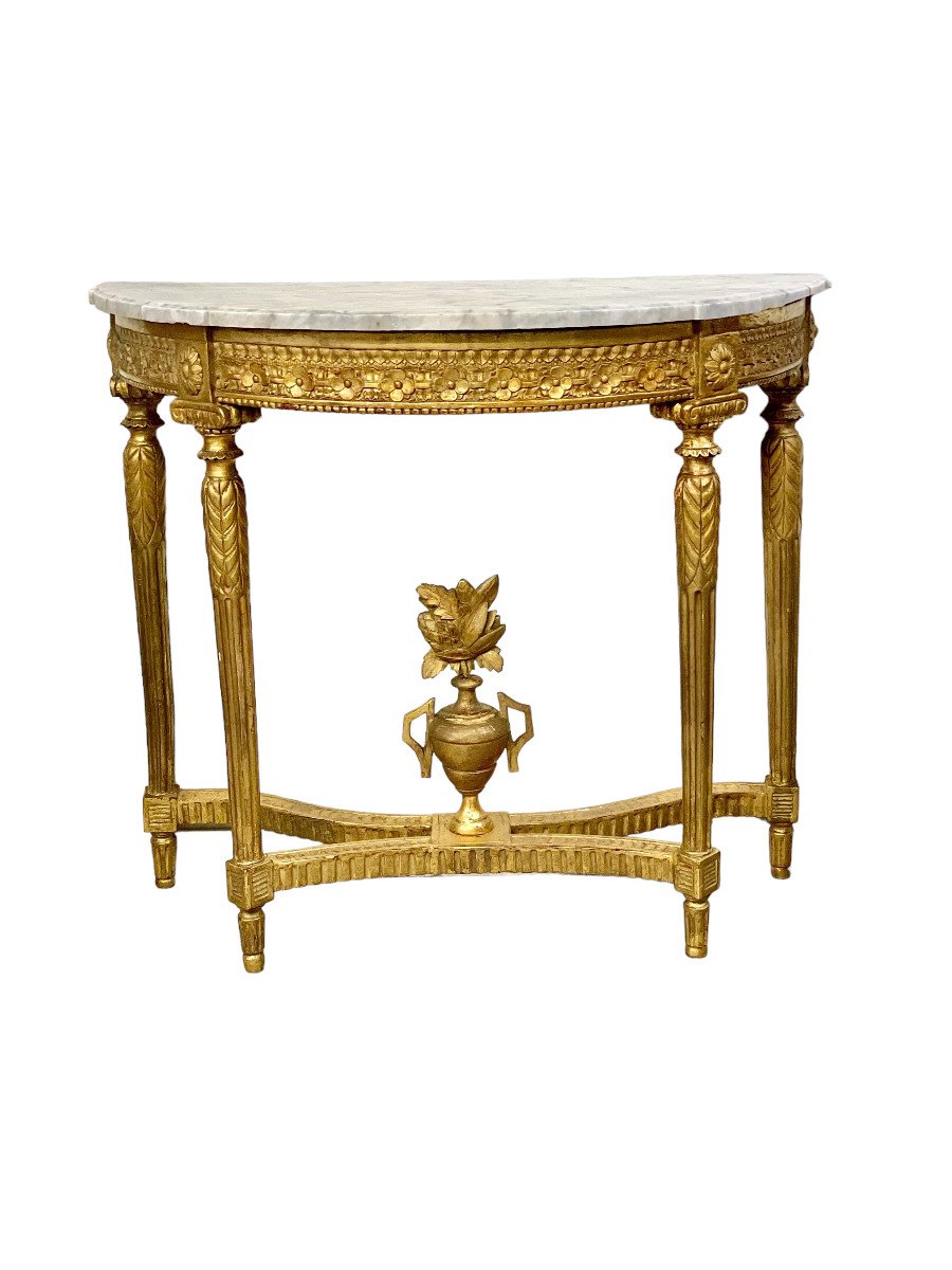 Table Console Demi Lune De Style Louis XVI En Bois Doré, 19ème Siècle