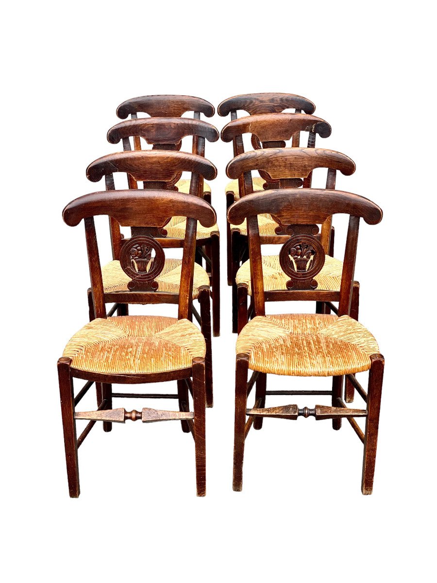 Set Of Eight 19th Century Dining Chairs With Carved Backs