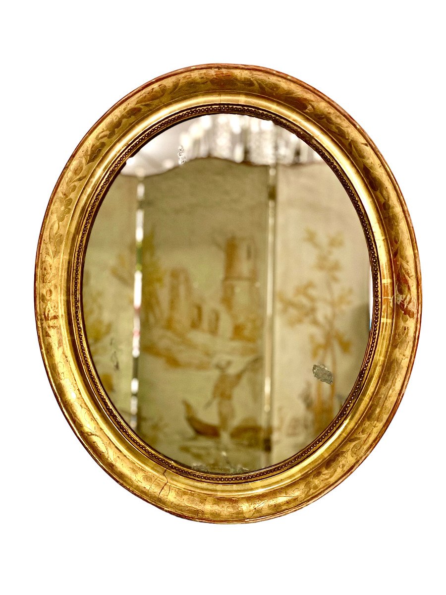 Miroir Mural Ovale en Bois Doré du 19ème Siècle