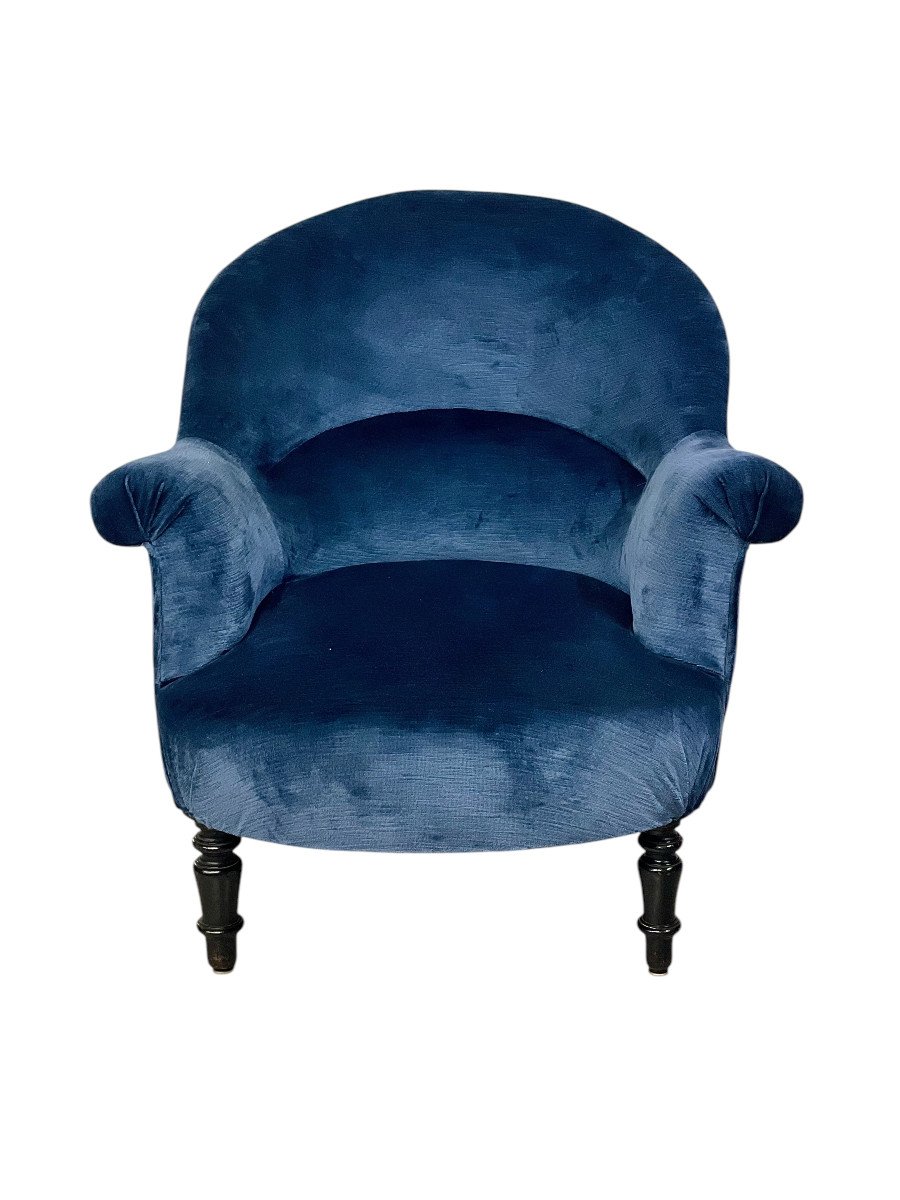 Fauteuil Crapaud  en Velours Bleu Nuit d'Epoque Napoleon III-photo-1