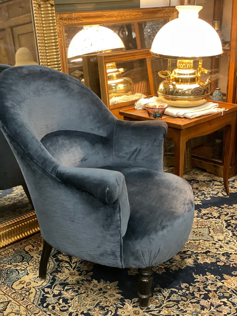 Fauteuil Crapaud  en Velours Bleu Nuit d'Epoque Napoleon III-photo-6