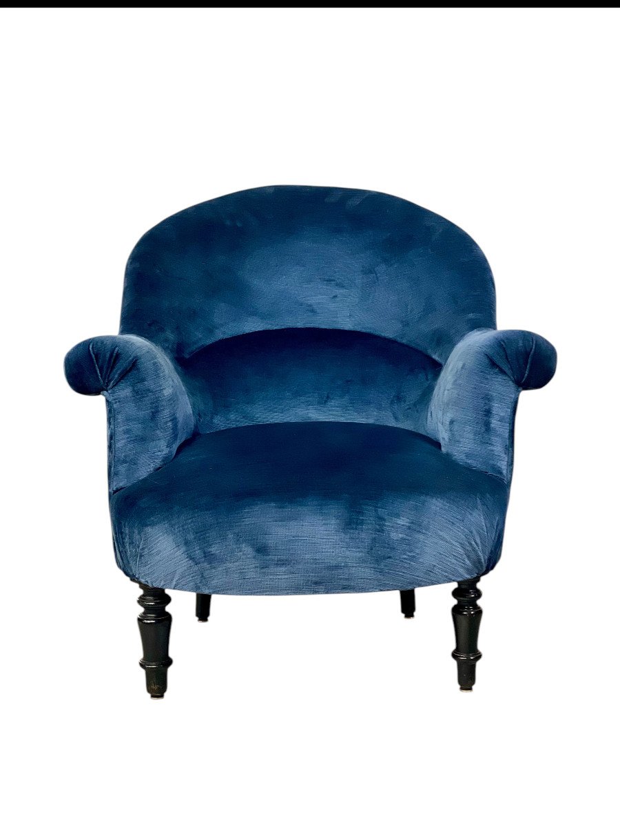 Fauteuil Crapaud  en Velours Bleu Nuit d'Epoque Napoleon III