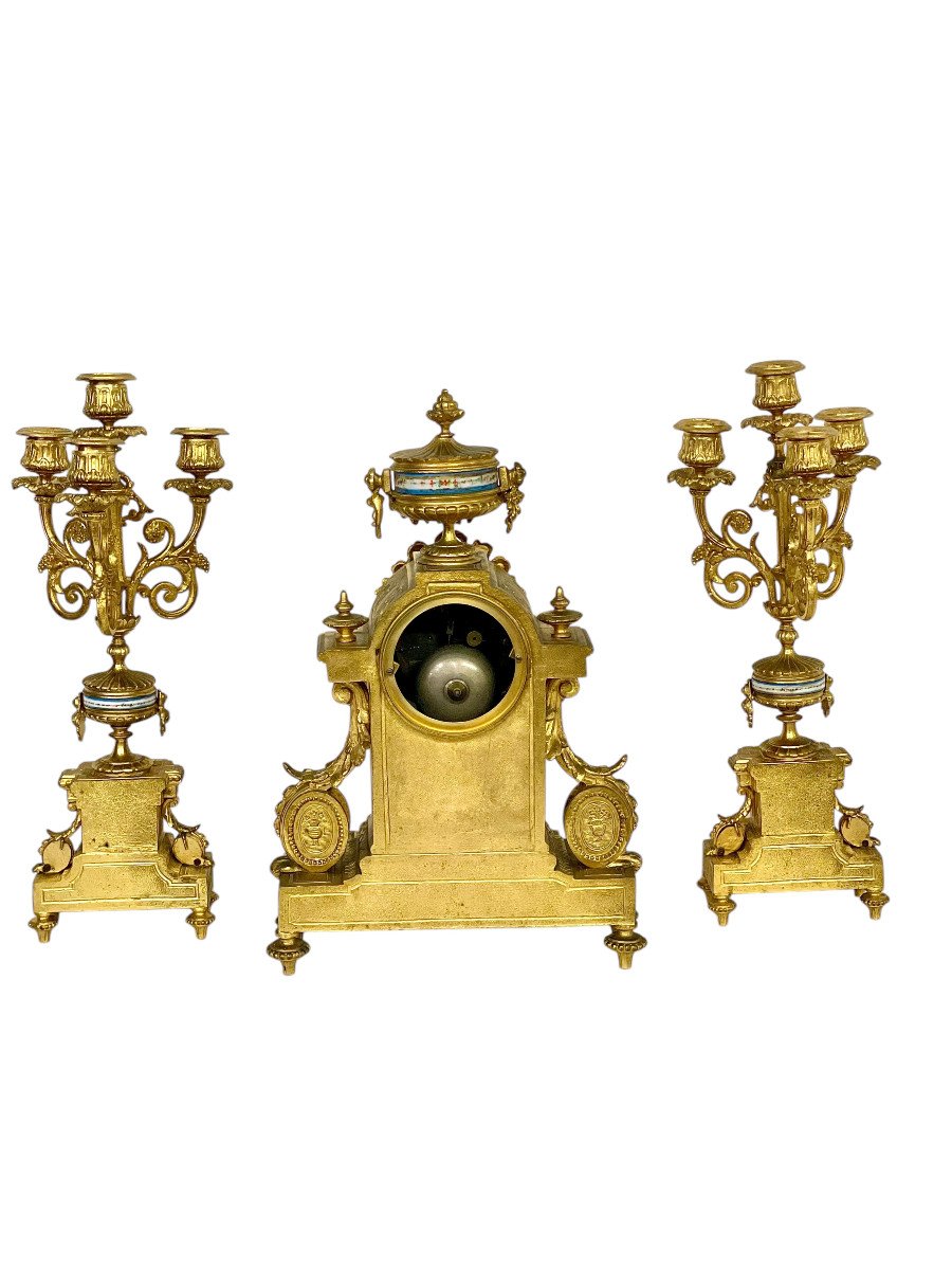 XIXème Siècle, Garniture d'Horloge En Métal Doré Et Porcelaine De Style Sèvres-photo-7