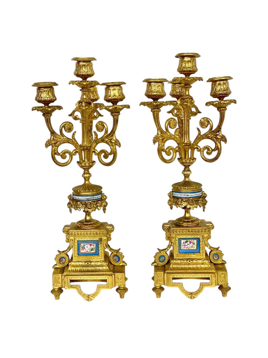 XIXème Siècle, Garniture d'Horloge En Métal Doré Et Porcelaine De Style Sèvres-photo-4