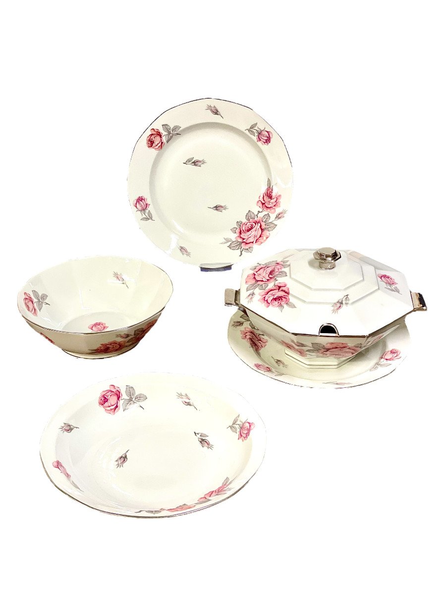 20th Century Limoges Porcelain Dinner Set With Roses Motif-photo-7