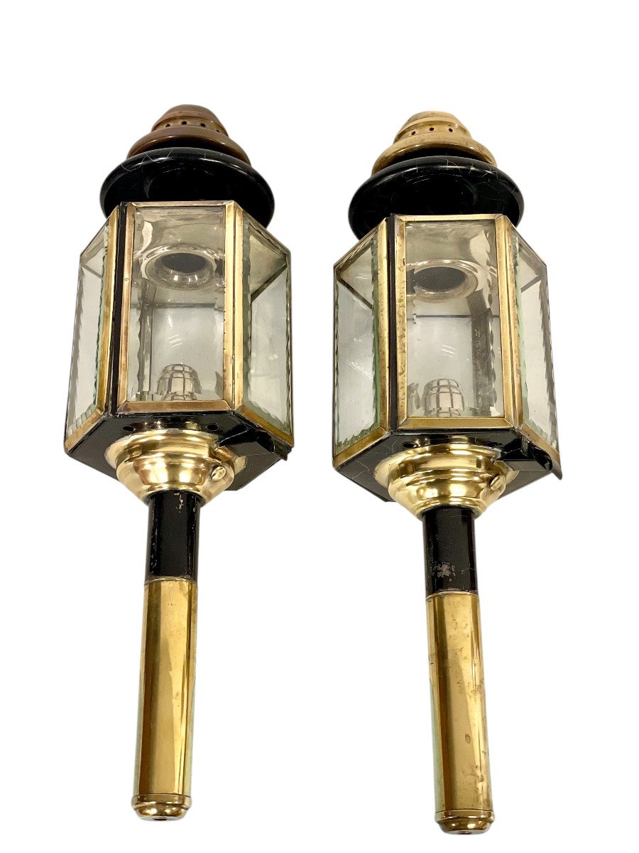 Pair Of Horse-drawn Carriage Oil Lanterns, 19th Century-photo-2