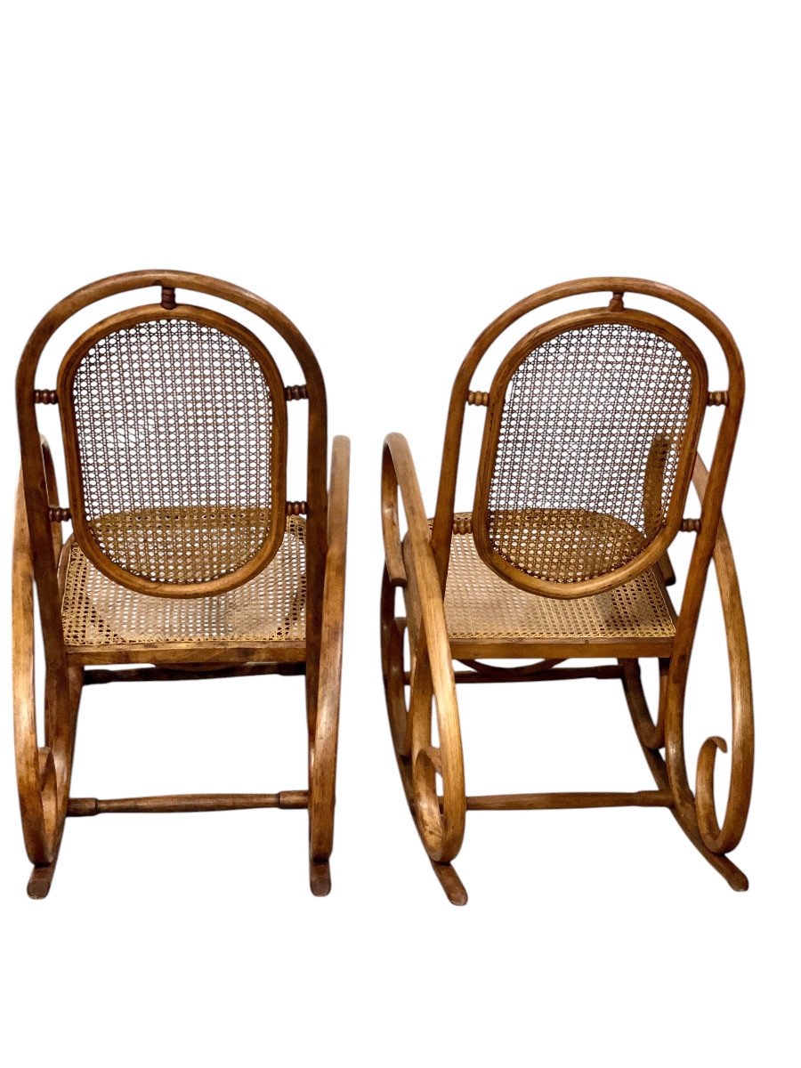 19th Century Rare Pair Of Beechwood And Cane Rocking Chairs-photo-2