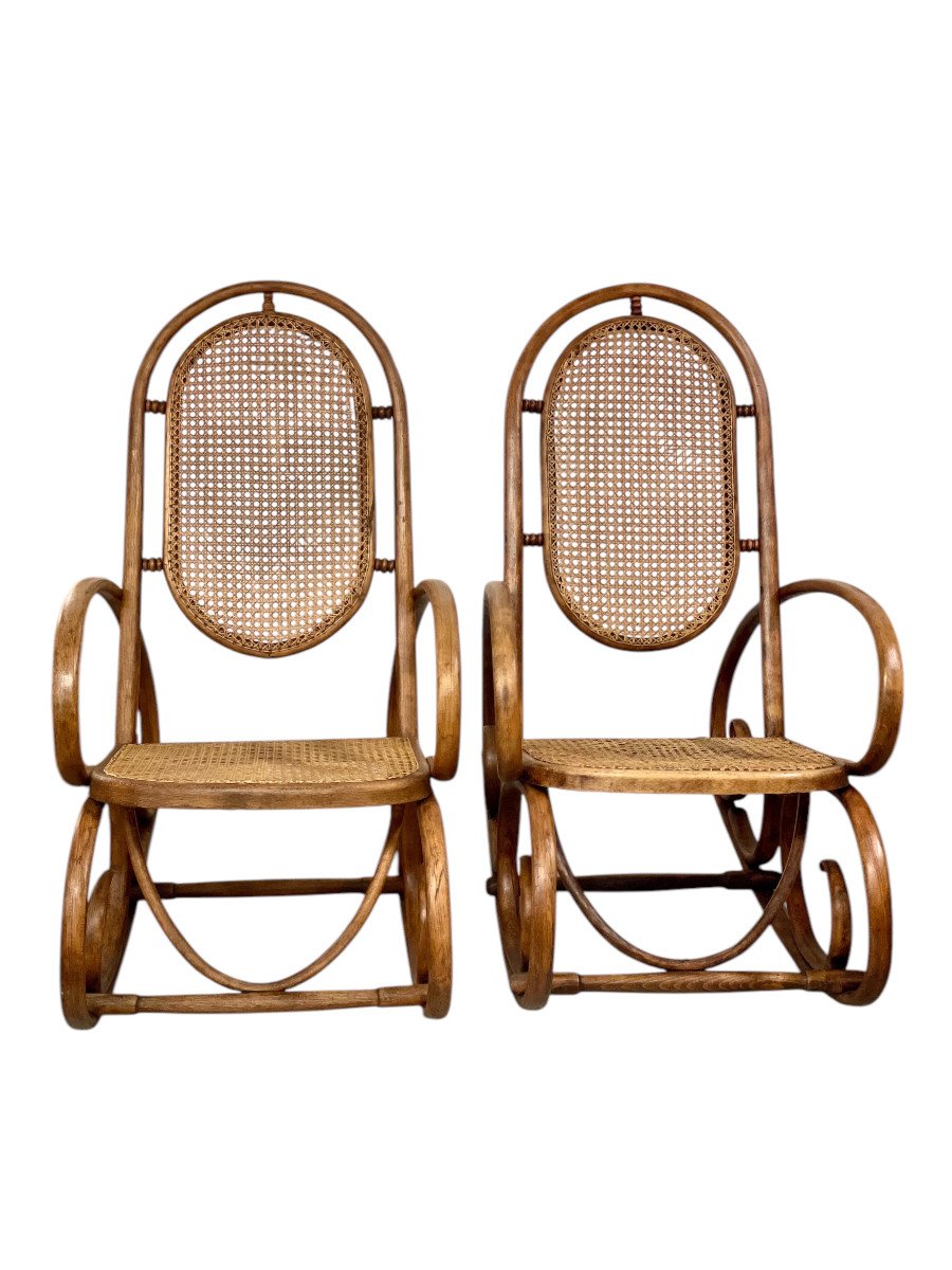 19th Century Rare Pair Of Beechwood And Cane Rocking Chairs-photo-3