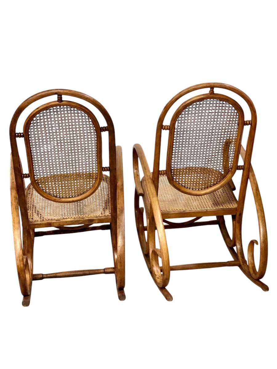 19th Century Rare Pair Of Beechwood And Cane Rocking Chairs-photo-7