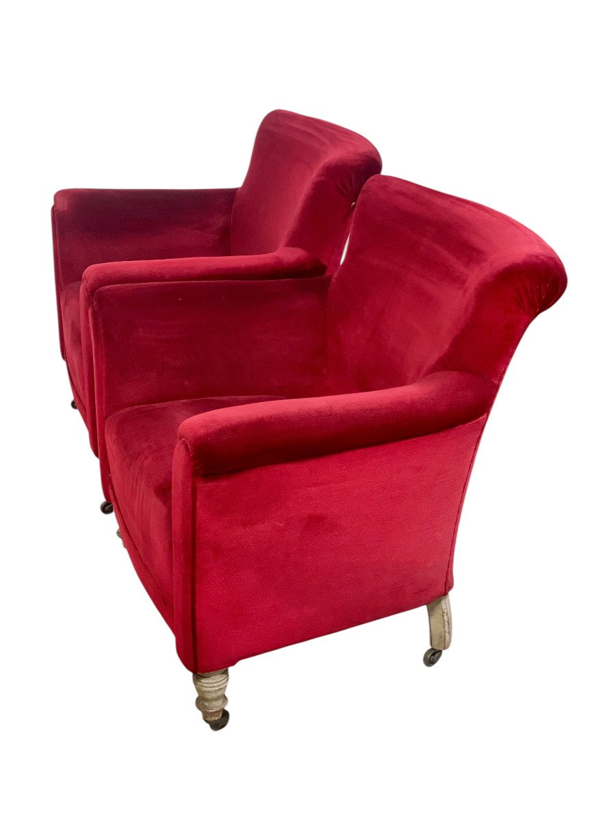 Pair Of Napoleon III Period Crimson Velvet Bergere Chairs With Wheels-photo-2