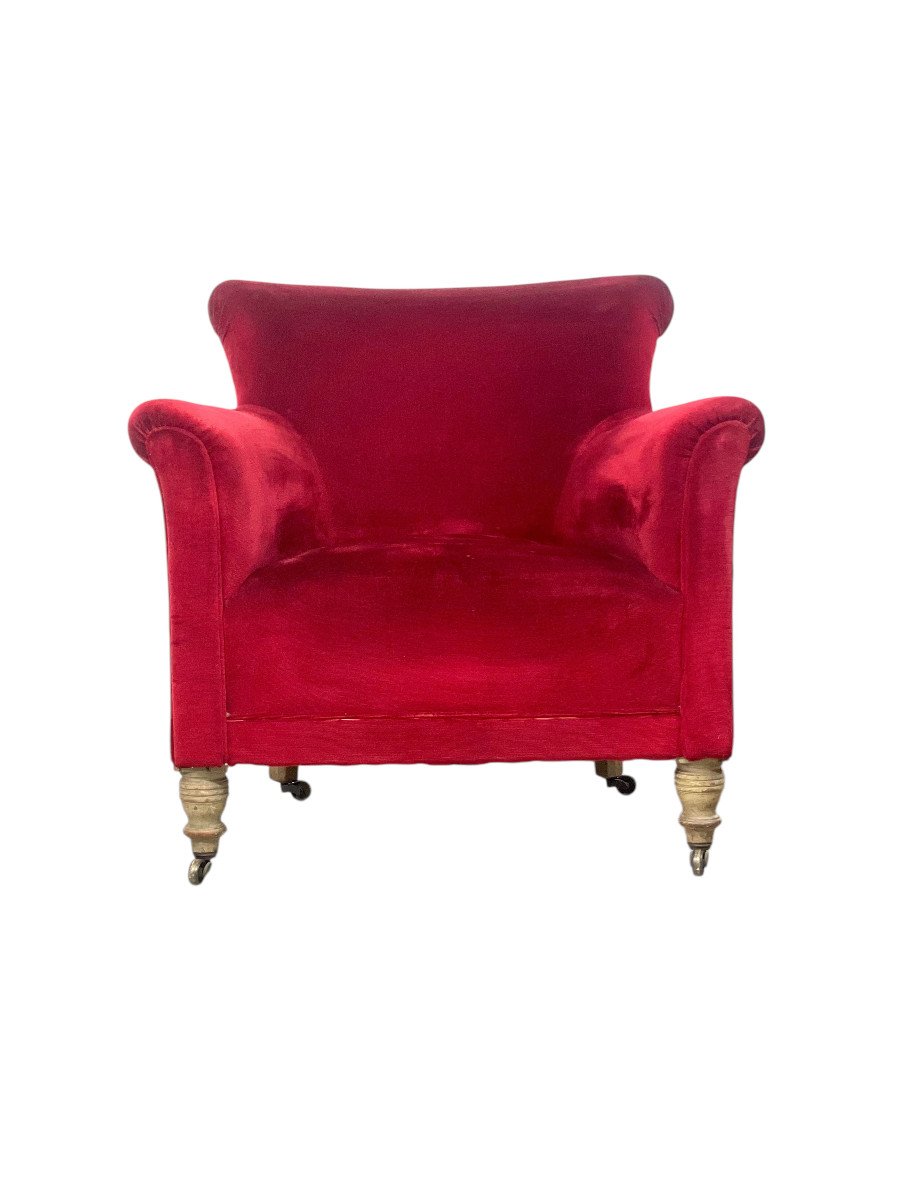 Pair Of Napoleon III Period Crimson Velvet Bergere Chairs With Wheels-photo-3