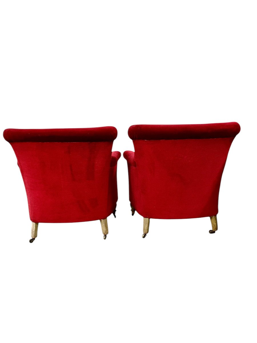 Pair Of Napoleon III Period Crimson Velvet Bergere Chairs With Wheels-photo-4