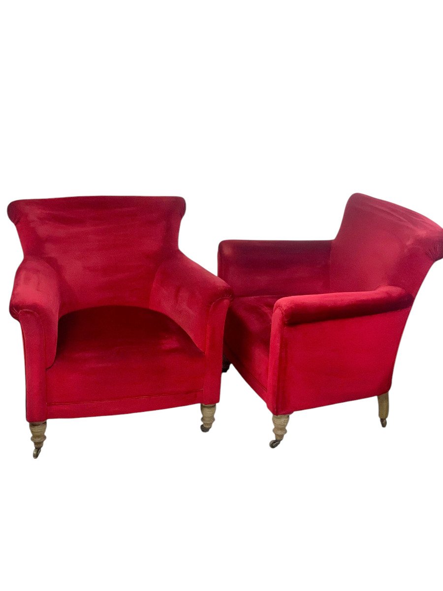 Pair Of Napoleon III Period Crimson Velvet Bergere Chairs With Wheels-photo-1