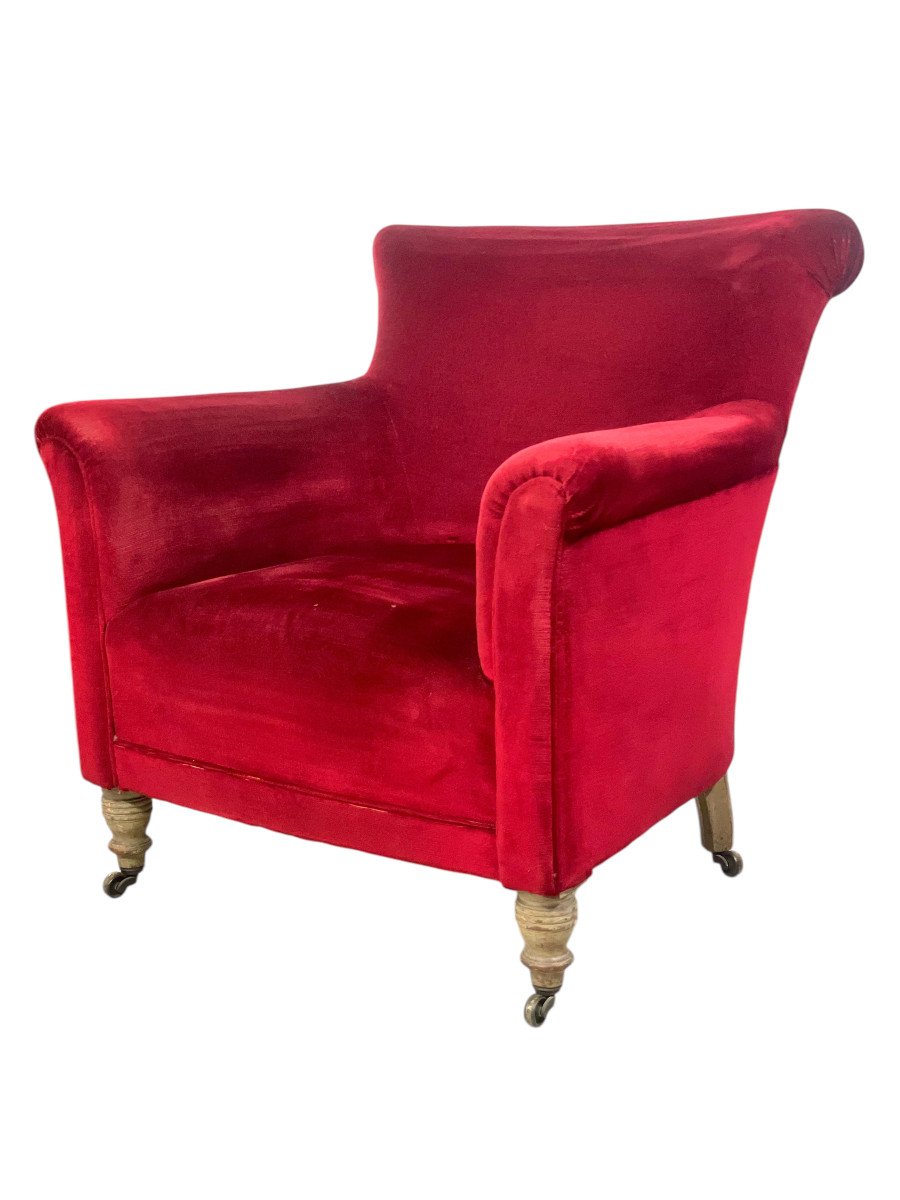 Pair Of Napoleon III Period Crimson Velvet Bergere Chairs With Wheels-photo-5