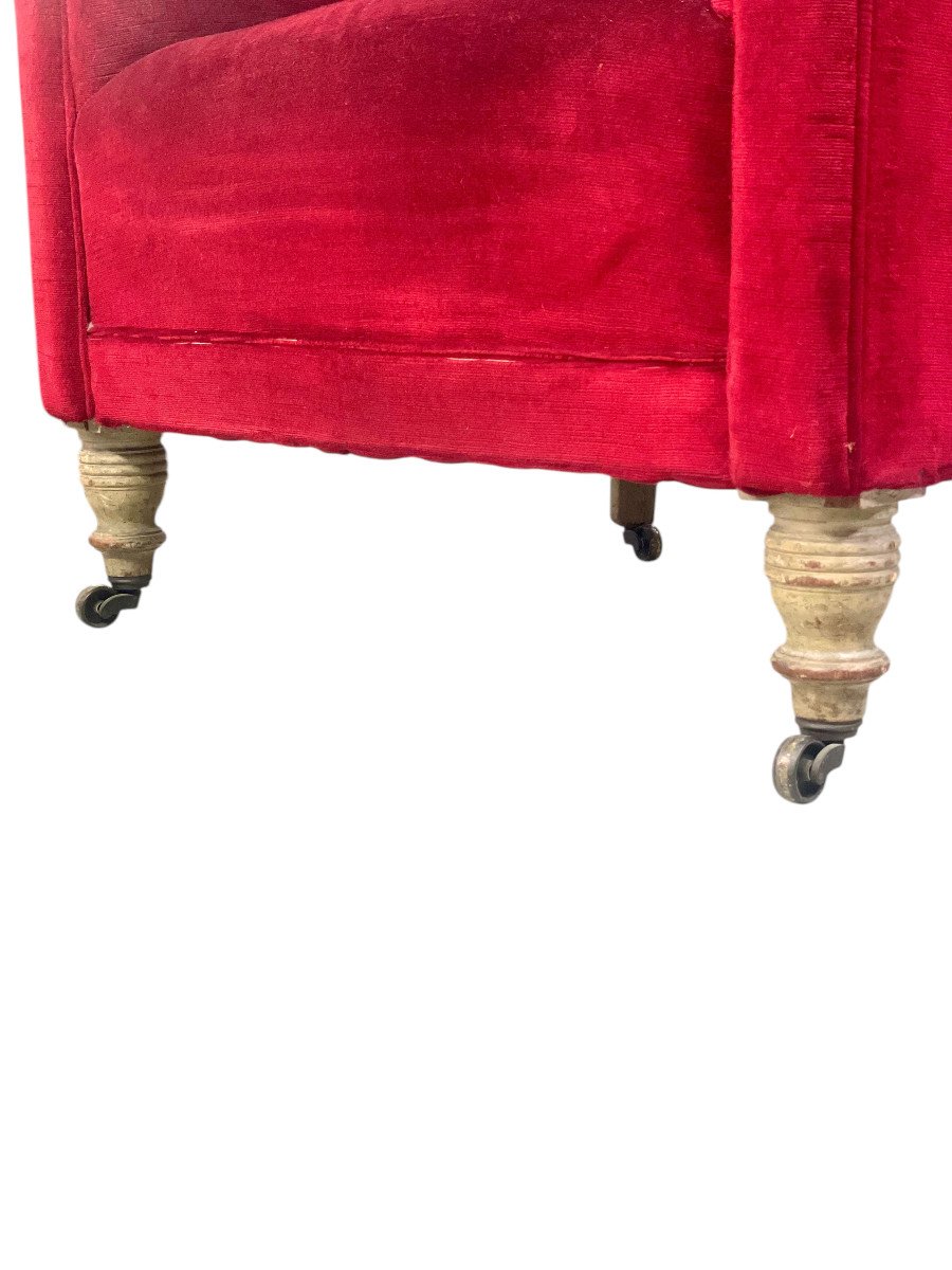 Pair Of Napoleon III Period Crimson Velvet Bergere Chairs With Wheels-photo-7