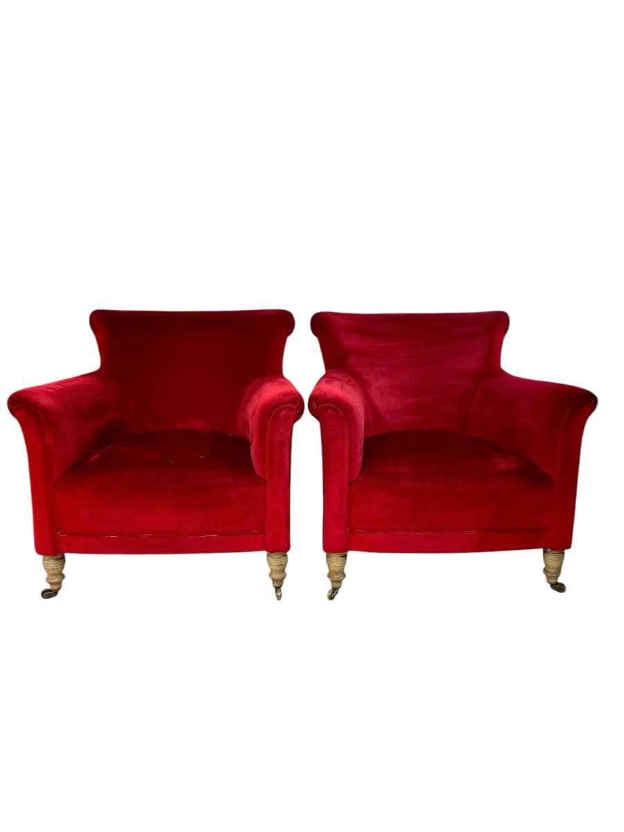 Pair Of Napoleon III Period Crimson Velvet Bergere Chairs With Wheels