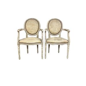 Pair Of French Louis XVI Style Cabriolets Armchairs, 19th Century